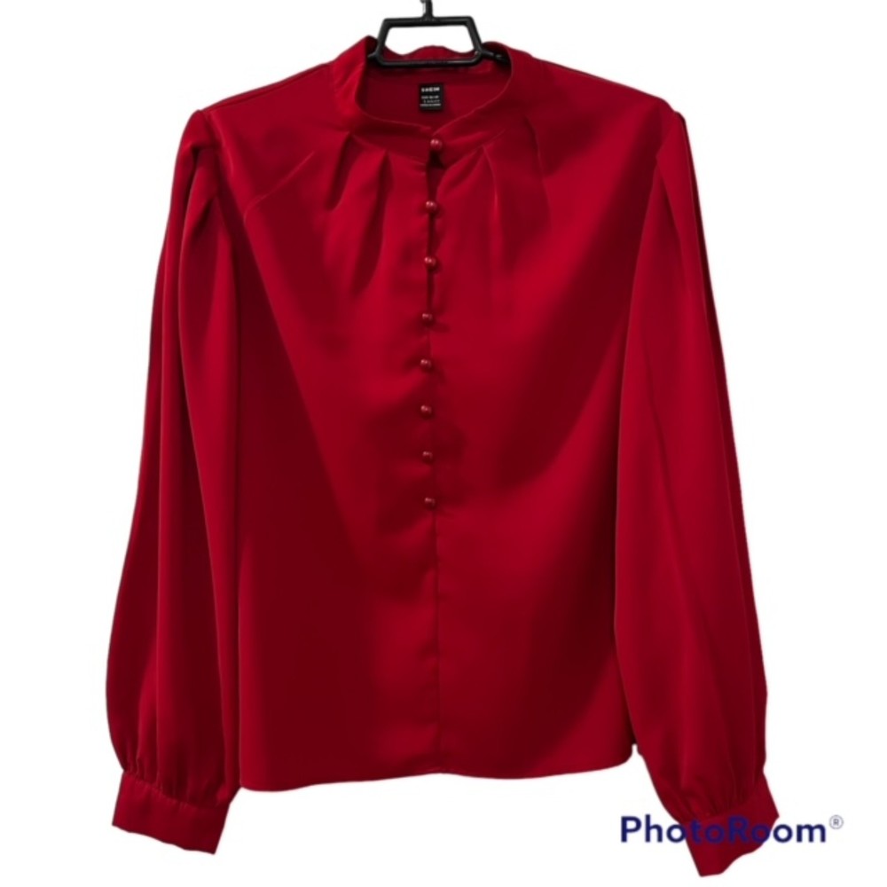 SHEIN Womens Red Bishop Sleeve Button Mock Neck LS Top Balloon Sleeve Size Large